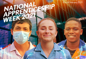Three apprentices smile to camera in uniforms, with text reading 'National Apprenticeship Week' overlaying the image.