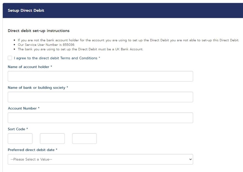 A screen shot of the 'direct debit setup instructions' on My Account