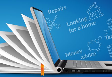 Digital graphic advertising pages the Futures website. Illustration shows a laptop from the side with a notebook coming out of the back of it and icons and text such as 'repairs' 'money advice'