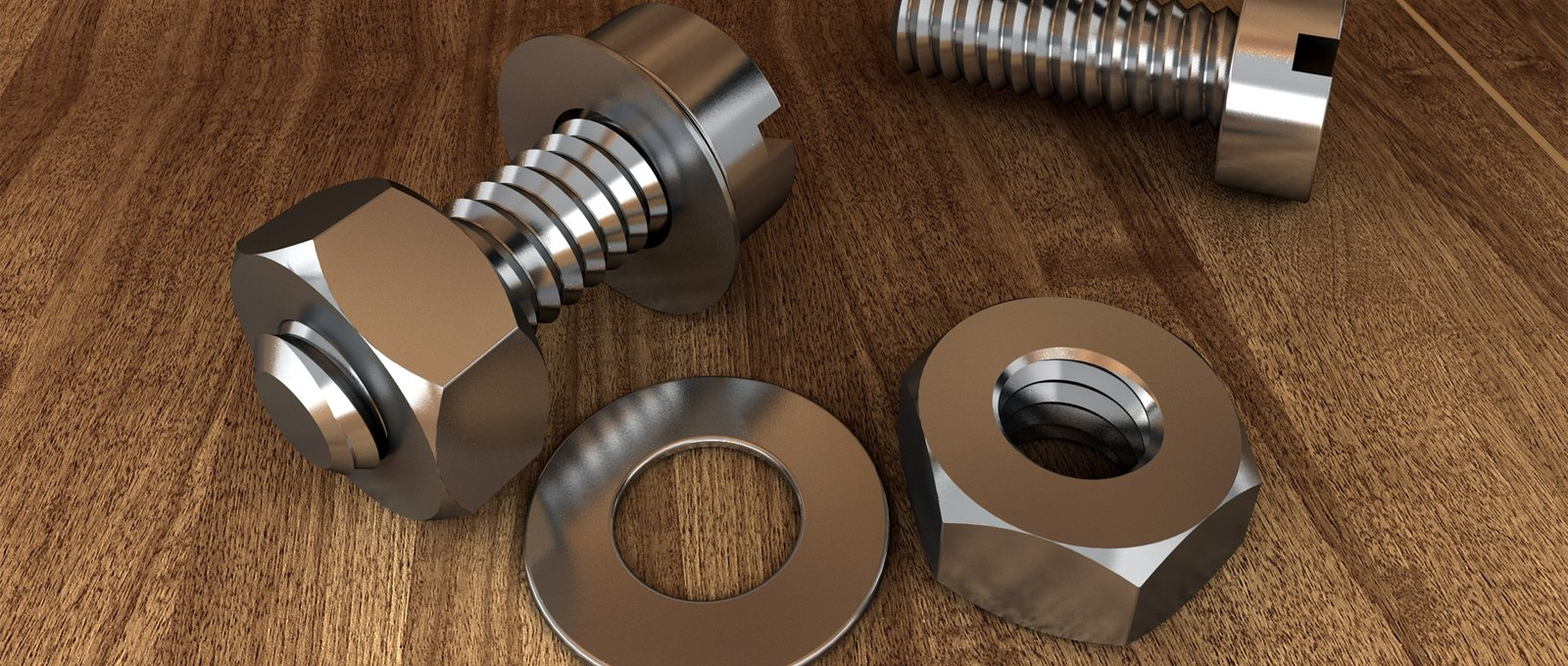 Close-up photograph of metal nuts and bolts